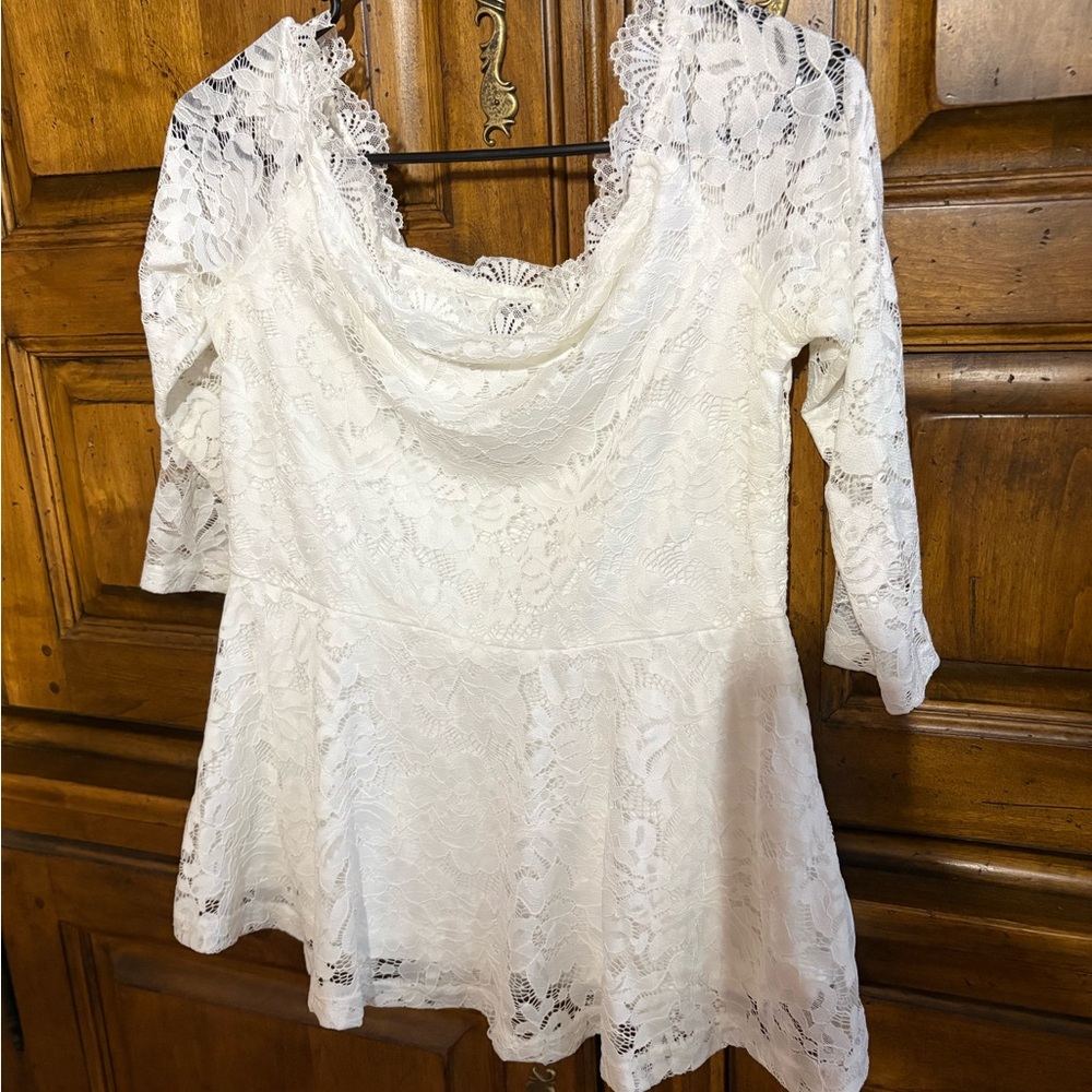 Allegra K White Lace Cowl Neck Peplum Tunic